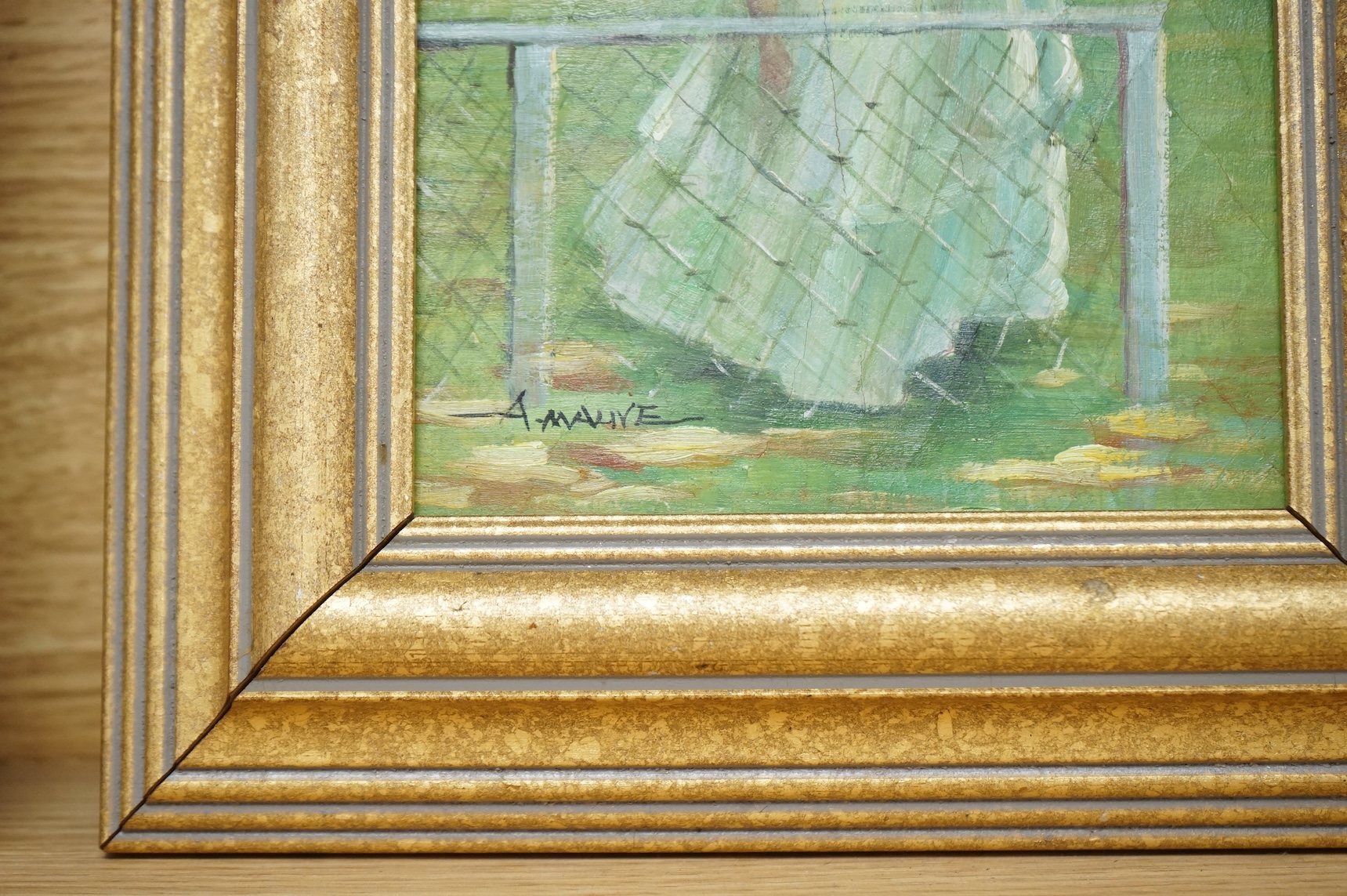 After Sir John Lavery RA (Irish, 1856-1941), oil on board, an Edwardian tennis player, copied from a section of a larger work, spuriously signed A. Mauve, 17 x 11cm